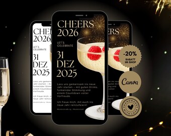 May include: Three smartphones displaying a New Year's Eve theme. The screens show champagne glasses with raspberries, the text "CHEERS 2026," and "31 DEZ 2025." A gold ribbon and sparklers add to the festive design.