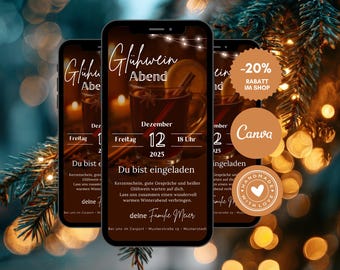 Convite digital para uma noite de vinho quente via WhatsApp | Convite para festa de vinho quente no inverno | Cartão virtual aconchegante | Canva | Convite para noite de Natal e inverno