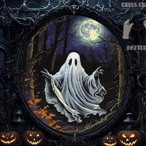 Ghostly cross stitch pattern PDF, Gothic Gift for halloween, X-Stitch Chart, Digital Creepy Forest, witchy Ghost Spooky Embroidery Decor