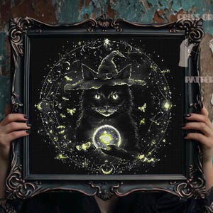 Black witchy cat Halloween cross stitch pattern PDF, Gothic Gift for, Magical witch hat, X-Stitch Chart, Digital Creepy Spooky modern animal
