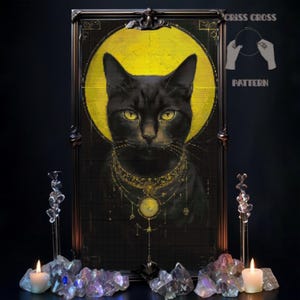Black Cat Halloween cross stitch pattern PDF, Gothic Gift for, Magical gold yellow moon, X-Stitch Chart, Digital Creepy Spooky modern animal