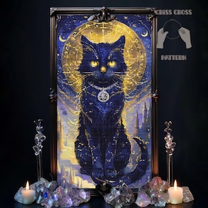 Black Purple Cat cross stitch pattern PDF, Gothic Gift for halloween, X-Stitch Chart, Digital Creepy witchy Animal, Moon Embroidery Decor
