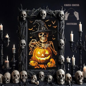 Witchy Skeleton cross stitch pattern PDF, Gothic Skull Gift for halloween, X-Stitch Chart, Digital Creepy Pumpkin, Spooky Embroidery Decor
