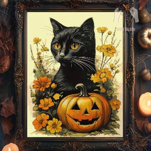Black Cat Pumpkin cross stitch pattern PDF, Gothic Gift for halloween, X-Stitch Chart, Digital Creepy witchy Animal Floral Embroidery Decor