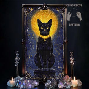 Black sphinx cat Halloween cross stitch pattern PDF, Gothic Gift for, Magical moon, X-Stitch Chart, Digital Creepy modern witchy animal