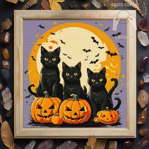 Black Cats & Pumpkins cross stitch pattern PDF, Gothic Gift for halloween, X-Stitch Chart, Digital Creepy witchy Animal Cat Embroidery Decor