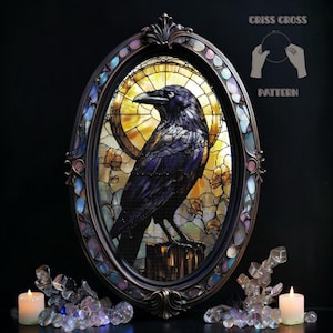 Stained Glass Raven cross stitch pattern PDF, Gothic Gift for halloween, X-Stitch Chart, Digital Creepy witchy embroidery, Purple Crow Bird