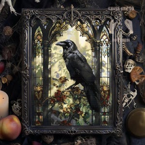 Stained Glass Raven cross stitch pattern PDF, Gothic Gift for halloween, X-Stitch Chart, Digital Creepy witchy embroidery, Dark Crow Bird