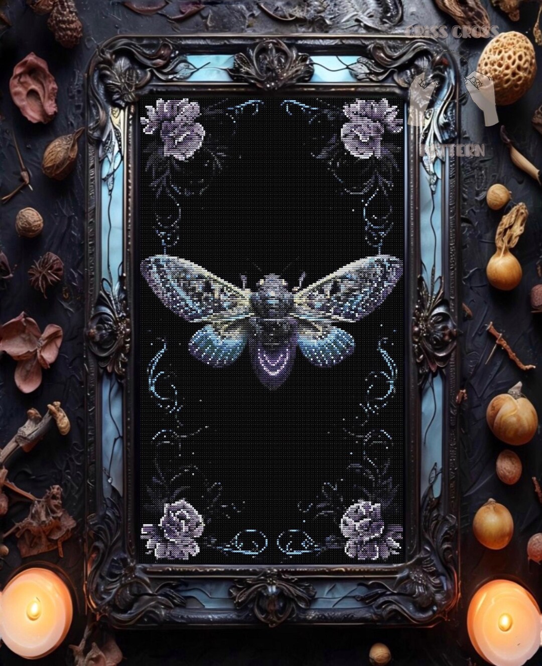 Witchy Insect Pattern Magical Moth With Flowers Cross Stitch Pattern PDF, Gothic Gift for ...