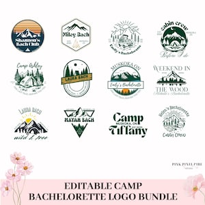 Camp Bachelorette Weekend Logo Bundle, 12 Editable Camping Canva Templates, Digital Cabin Bach SVG PNG Adventure Outdoor Party Graphics