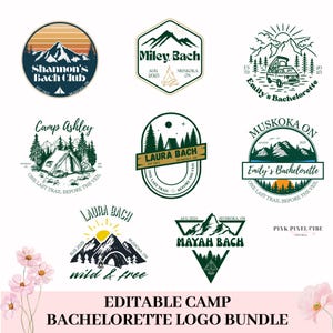 Camp Bachelorette Weekend Logo Bundle, 8 Editable Camping Canva Templates, Digital Cabin Bach SVG PNG Adventure Outdoor Party Graphics