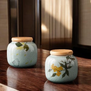 Caja de té japonesa de viaje: minitarro de cerámica sellado para té, café y organización de la cocina.