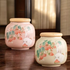 Strawberry & Bunny Tea Canister – Ceramic Travel Storage Jar for Tea, Coffee, and Kitchen Use
