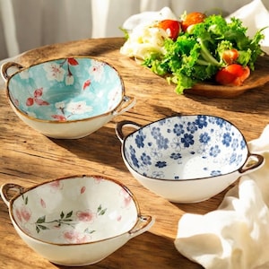 Vintage Japanese Ceramic Soup Bowls with Handles – Handcrafted Floral Blue Pottery – Ramen, Miso, Noodle Dish – Rustic Kitchen Gift
