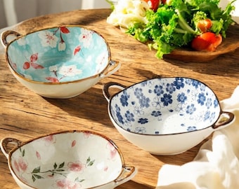 ヴィンテージ 日本製 陶器 スープボウル ハンドル付き – 手作り 花柄 ブルー 陶器 – ラーメン、味噌、麺類皿 – 素朴なキッチンギフト