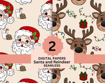 Santa & Reindeer Christmas Digital Paper | 12x12” Holiday Backgrounds | PNG Scrapbook Paper | Sublimation Download