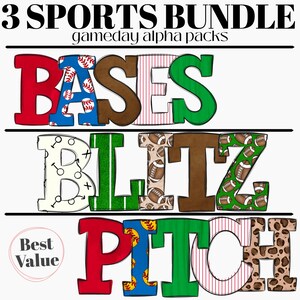 Peut inclure: Une conception graphique avec les mots "3 SPORTS BUNDLE" et "gameday alpha packs." Les mots "BASES," "BLITZ" et "PITCH" sont affichés dans différentes couleurs et motifs, notamment des balles de baseball, de football américain et des imprimés animaliers.