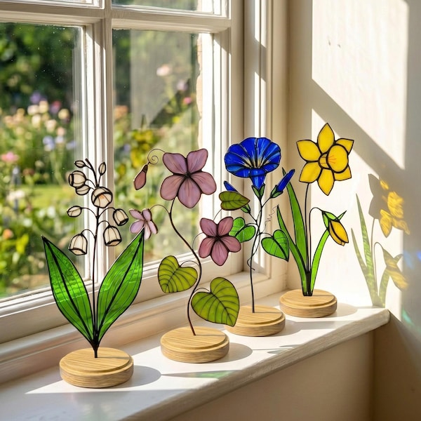 Stained Glass Birth Month Flower, Personalized Birthday Gift for Her, Handmade Window Gift for Mom, Wife, Birthday Floral Sun Catcher Decor