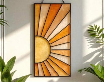 Boho Stained Glass Suncatcher, Mid Century Modern Wall Decor, Geometric Window Hanging Art, Unique Housewarming Gift, Colorful Glass Panel