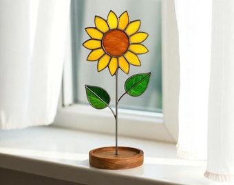 Attrape-soleil tournesol fait main en vitrail - Socle décoratif pour fenêtre