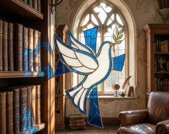 Stained Glass Dove Suncatcher, Blue Cross Window Hanging, Peace Dove with Olive Branch, Christian Religious Gift, Holy Spirit Window Art