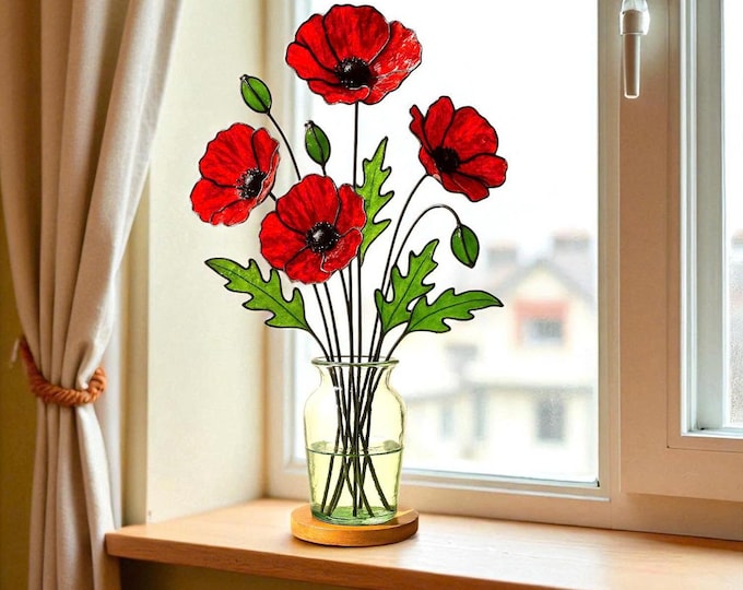 Stained Glass Red Poppy Flower Bouquet – Handmade Floral Glass Art for Kitchen Window Decor, Mother’s Day Gift, Cottagecore Home