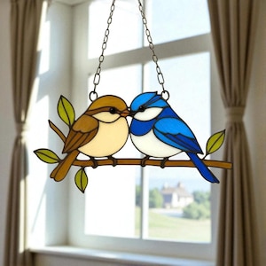 Stained Glass Birds Suncatcher – Pair of Superb Fairy-Wrens Window Hanging – Handmade Gift for Couples, Nature or Bird Lovers