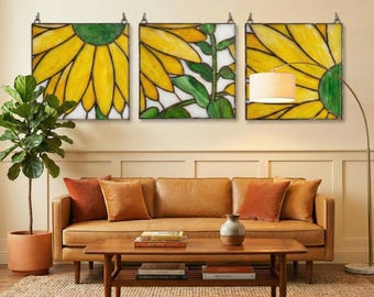Stained Glass Sunflower Suncatcher Set of 3, Yellow Floral Wall Art, Farmhouse Kitchen Decor, Window Hanging Panel, Mothers Day Gift for Her