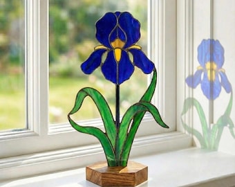 Stained Glass Blue Pansy Flower Suncatcher Handmade Spring Decor