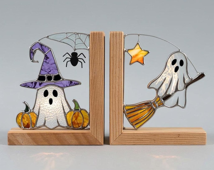 Handmade Stained Glass Halloween Bookend Pair – Ghost & Pumpkin Shelf Decor