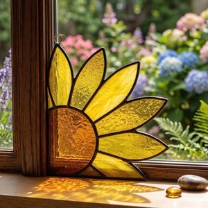 Solfångare för hörnglasfönster, blommig konst i målat glas, fönsterhänge med solros och vallmo, botanisk dekor, present till växtälskare