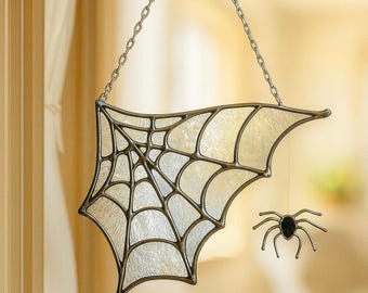 Halloween Stained Glass Spider Web Suncatcher | Gothic Window Hanging, Spooky Handmade Decoration, Halloween Gift Idea