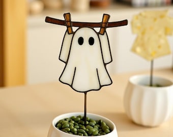 Handmade Stained Glass Ghost – Halloween Window Hanging or Garden Plant Stake Decor