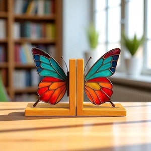 Stained Glass Butterfly Bookends – Handmade Colorful Glass & Wood Book Ends, Nature Inspired Home Decor Gift
