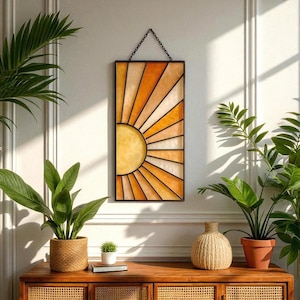 Boho Stained Glass Wall Hanging – Colorful Geometric Retro Suncatcher Decor – Handmade Modern Home Gift Idea