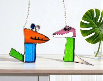 Stained Glass Dinosaur Suncatcher – Handmade Geometric Kids Room Decor