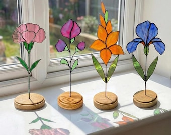 Handmade Stained Glass Flower Set – Birth Month Floral Decor