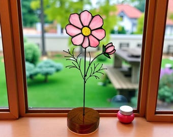 Stained Glass Cosmos Flower – October Birth Flower Gift | Handmade Plant Stake | For Vase or Wood Base Display