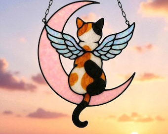Stained Glass Cat Angel Suncatcher, Pet Memorial Gift for Cat Lovers, Custom Sympathy Window Hanging Decor, Loss of Pet Remembrance