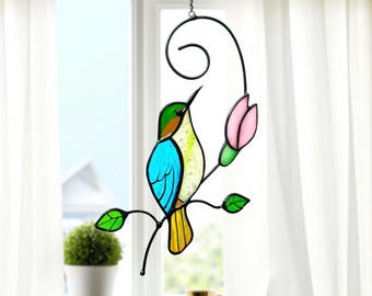 Hummingbird Stained Glass Suncatcher – Handmade Window Garden Decor