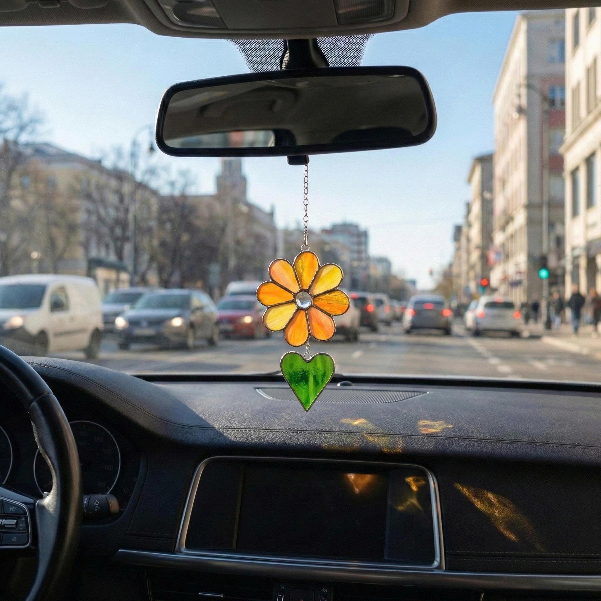 Stained Glass Car Charm, Flower Rearview Mirror Accessories, Pink