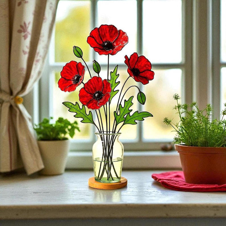 Handmade Stained Glass Poppy Bouquet, Red Poppy Home Decor, Botanical ...