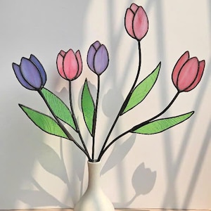 Stained Glass Tulip Bouquet – Handmade Floral Window Decor in Vase, Unique Gift for Her or Mom