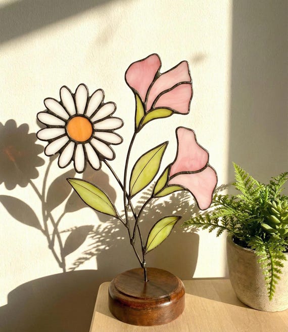 ステンドグラスパネル　スイトピー 手作りステンドグラスのデイジーとスイートピーの花 – 4月の誕生花