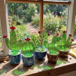 Puede incluir: Una colección de esculturas de cactus de vidrio hechas a mano con detalles de flores rojas. Los cactus de vidrio verde están en pequeñas macetas de cerámica con esmalte azul y marrón, llenas de pequeñas piedras blancas. La disposición está en un alféizar de madera.