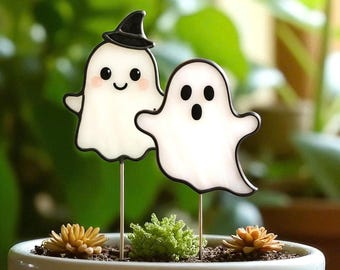 Stained Glass Ghost Plant Stake – Handmade Halloween Suncatcher