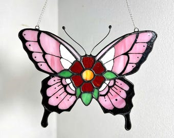 Pink Butterfly Stained Glass Suncatcher – Floral Window Decor