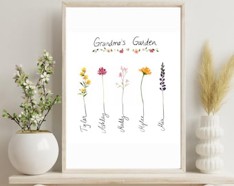 Grandma's Garden Custom Gift | DIGITAL | Printable | Hand lettering Wall Art | Poster Home Floral Decor Gift for Moms Nana | Mother's Day