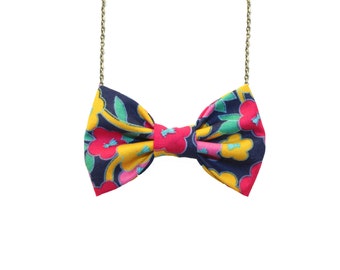 Floral Yellow Blue Bow Tie Necklace, Girls Bowtie Accessory, Vintage Bow Necklace