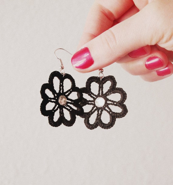 Items similar to Black Crocheted Earrings with Rhinestone Attached